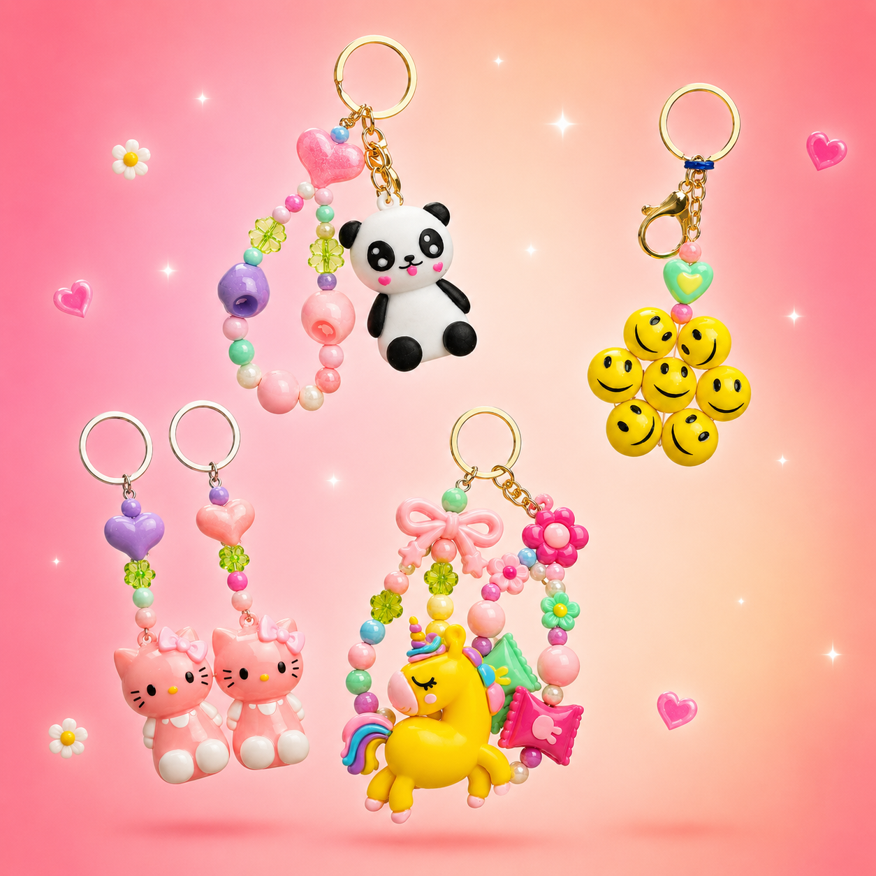 Cute Kawaii Beaded Keychain Charm Collection | Panda, Unicorn, Smiley & Kitty Designs