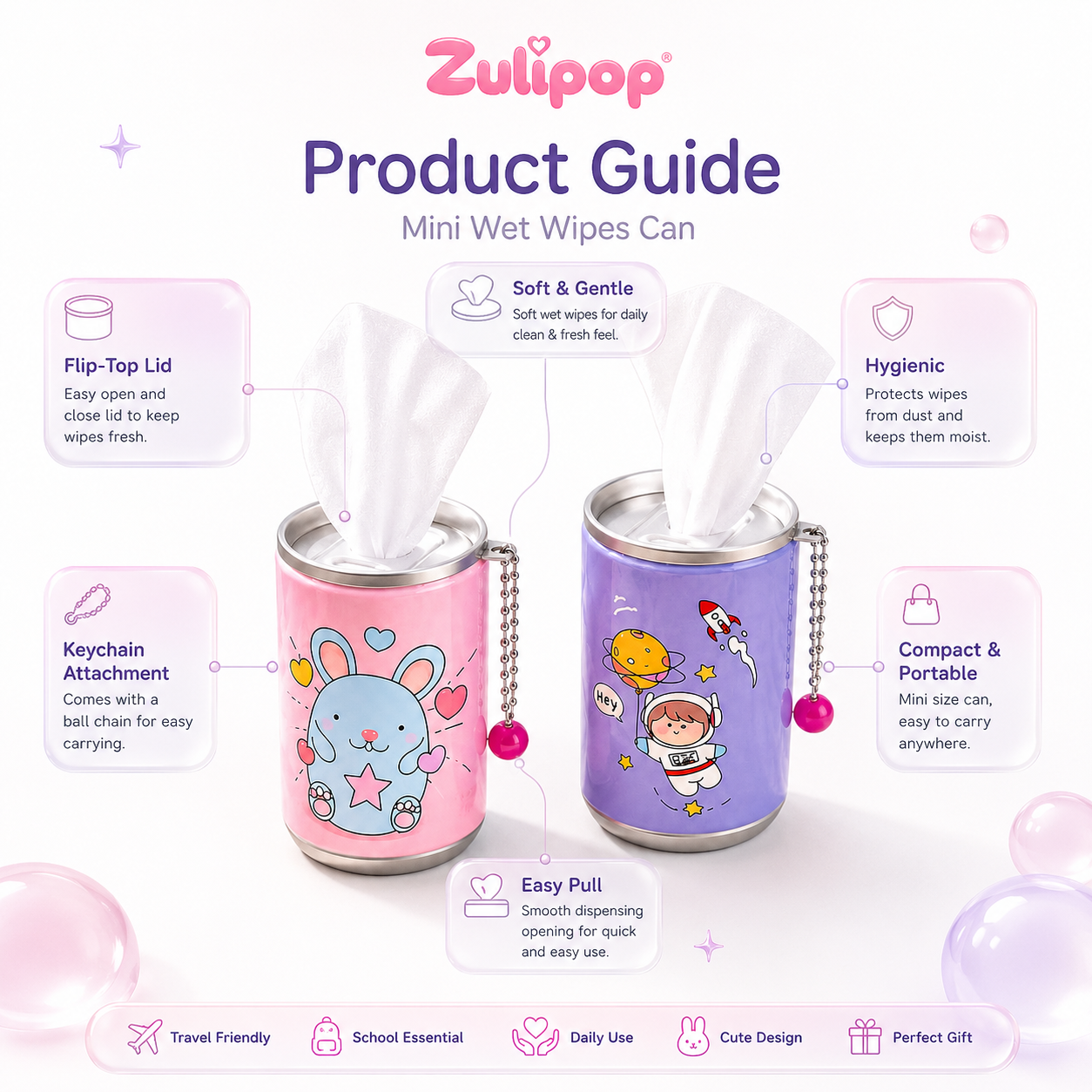 Zulipop Kawaii Mini Wet Wipes Keychain Can – Set of 3 (Cream Panda, Pink Bunny & Blue Bunny)