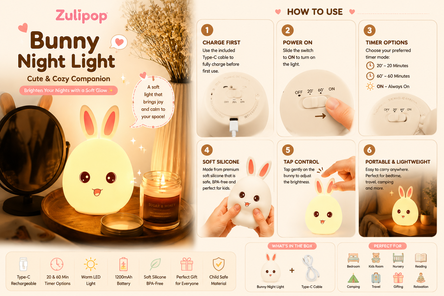 Cute Bunny Silicone LED Night Lamp | Soft Touch Rechargeable Bedside Light for Kids & Nursery
