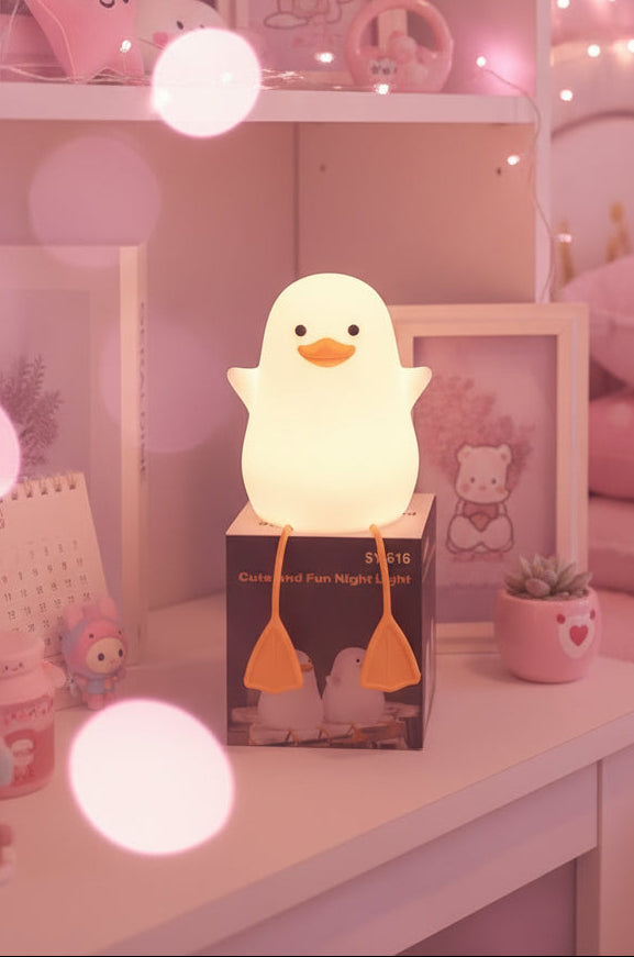 Cute Duck Silicone LED Night Light – USB Rechargeable Soft Touch Lamp with Timer