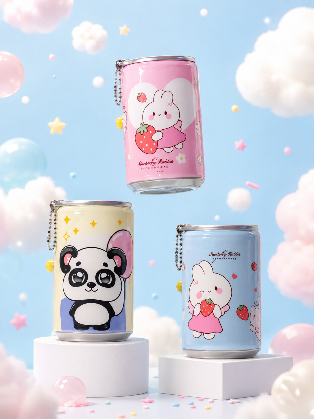 Zulipop Kawaii Mini Wet Wipes Keychain Can – Set of 3 (Cream Panda, Pink Bunny & Blue Bunny)