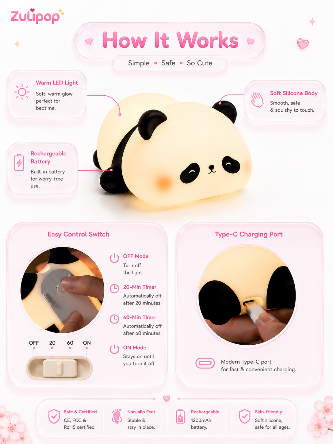 Cute Sleeping Panda Silicone LED Night Light | Rechargeable Touch Lamp for Kids & Bedroom