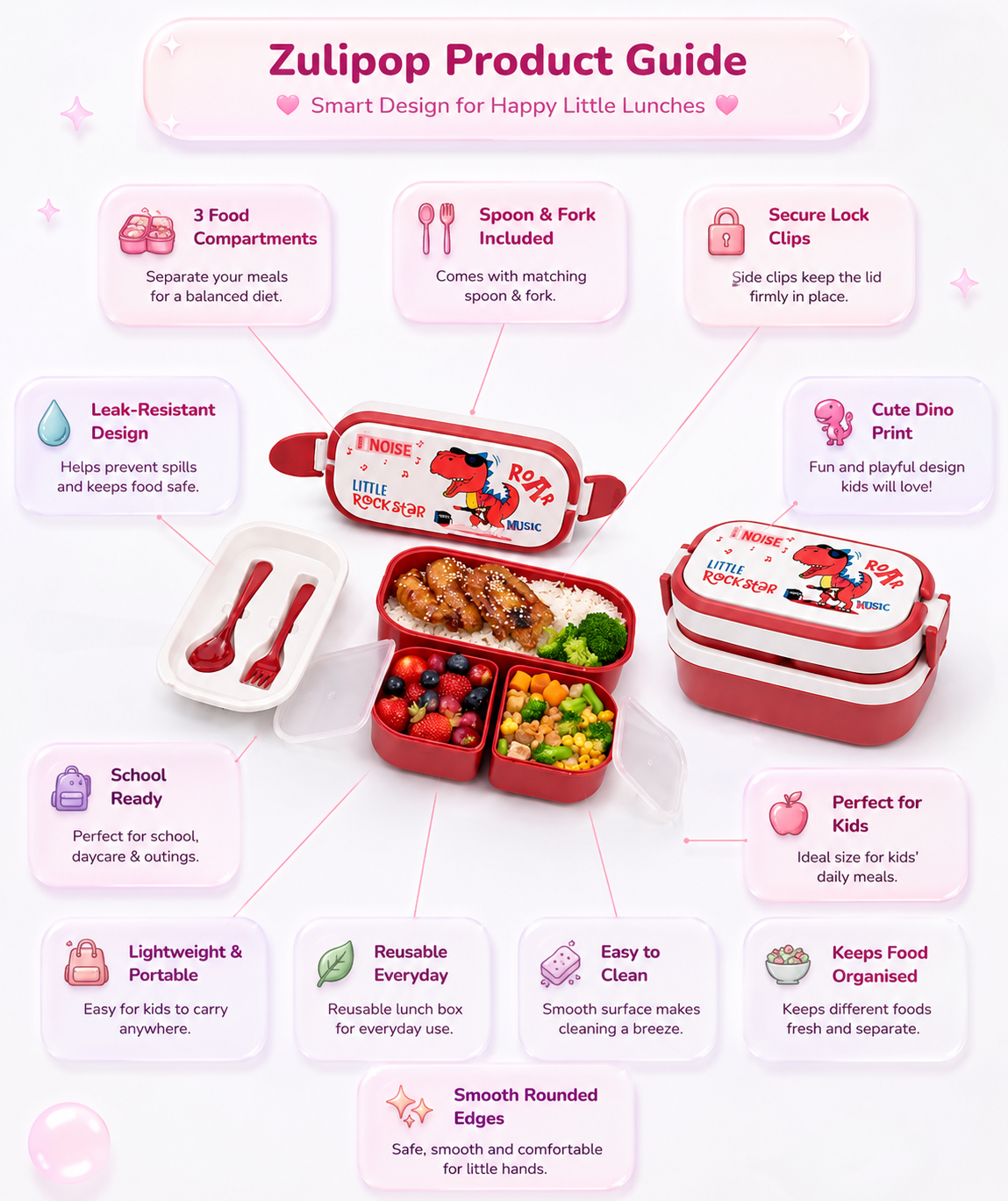 Zulipop 1000ml Dino Bento Lunch Box with Spoon & Fork | 3-Compartment Kids Lunch Box