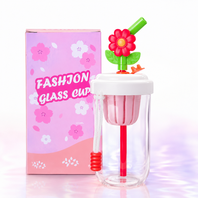 Flower Glass Sipper Cup with Straw & Carry Strap