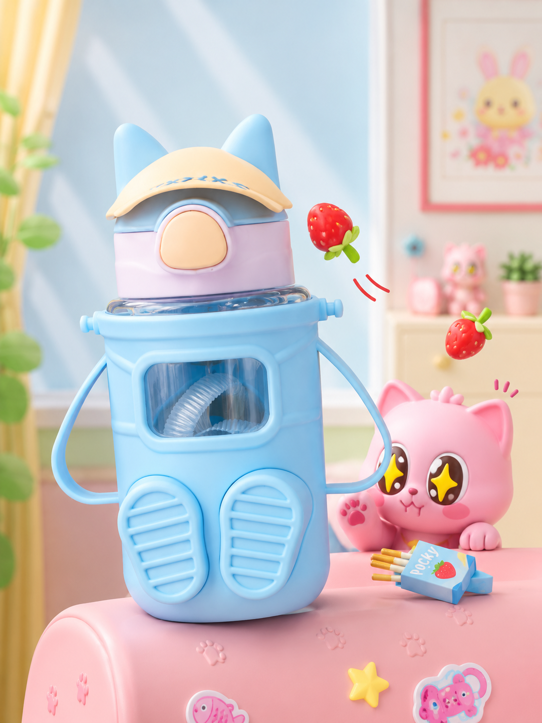 Cute Cat Kids Sipper Water Bottle with Strap – 450 ml