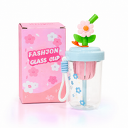Flower Glass Sipper Cup with Straw & Carry Strap