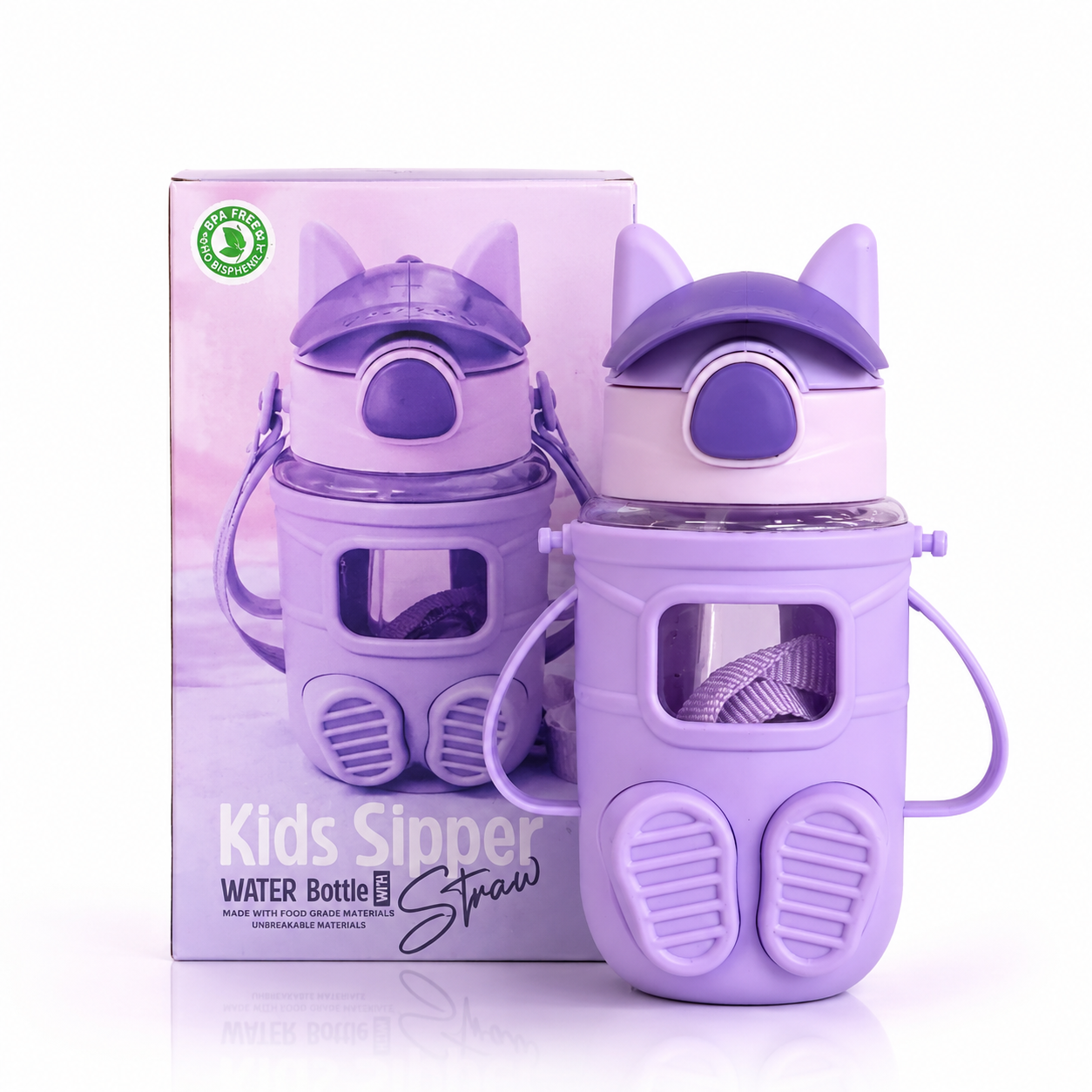 Cute Cat Kids Sipper Water Bottle with Strap – 450 ml
