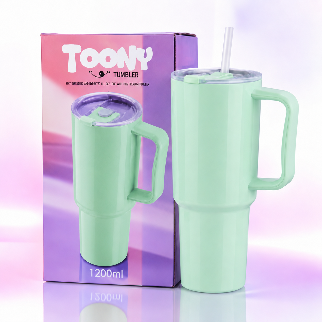 Toony 1200ml Pastel Tumbler with Handle & Straw | BPA-Free Reusable Travel Mug