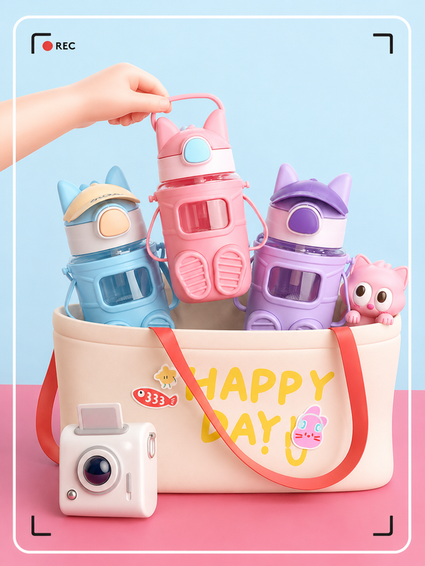 Cute Cat Kids Sipper Water Bottle with Strap – 450 ml